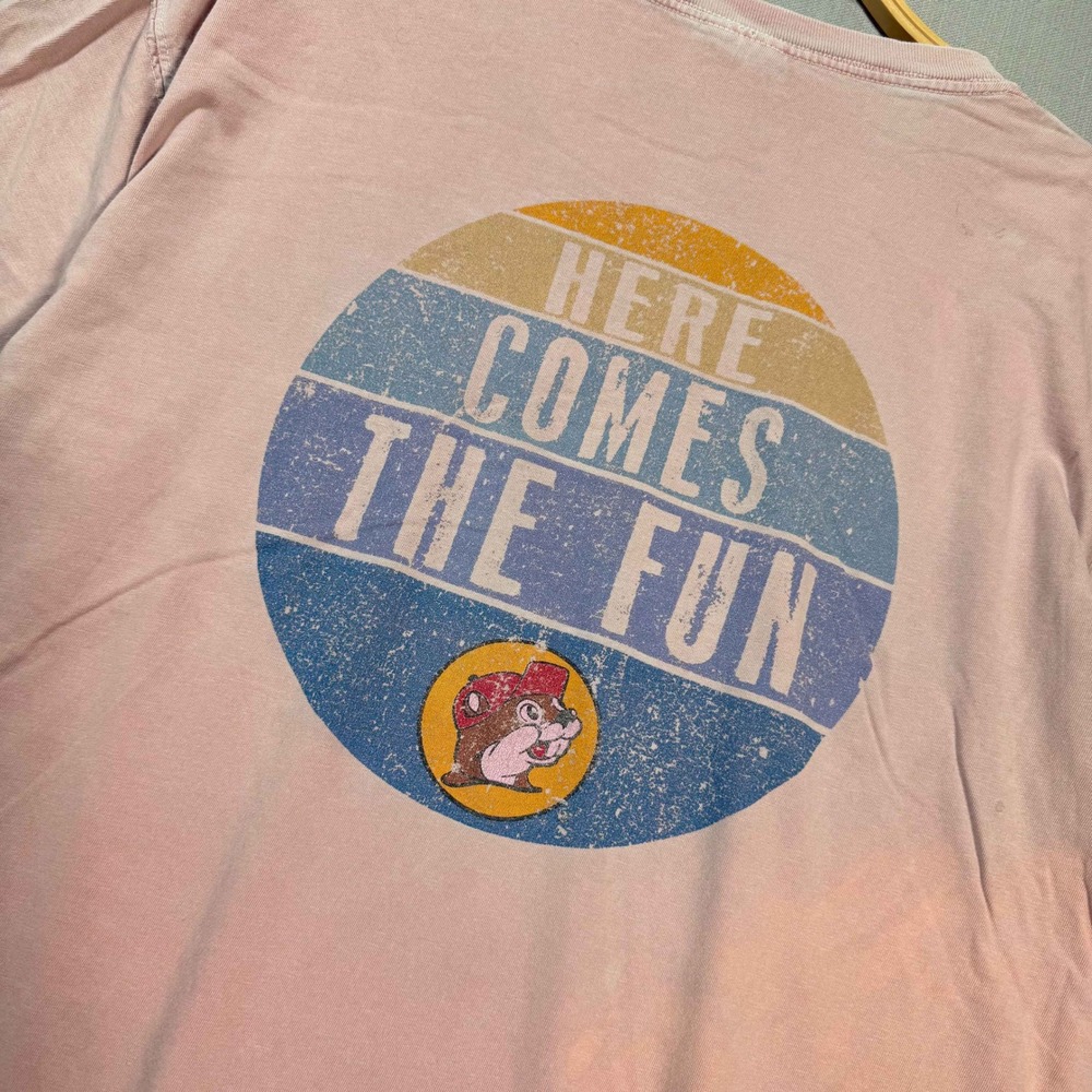 Buc-ee's Comfort Colors Pink Graphic T-Shirt Here Comes The Fun Large Retro Tee